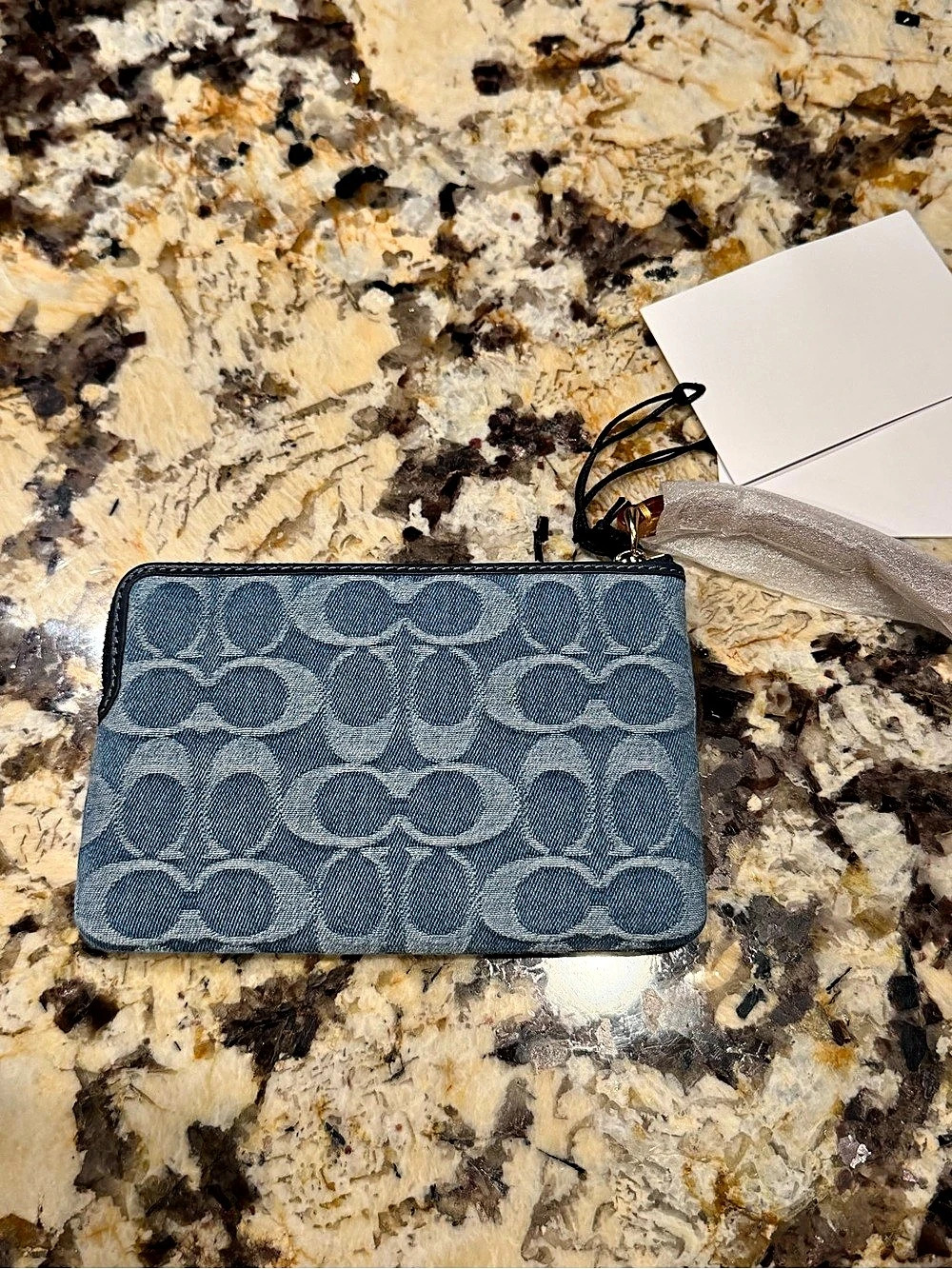 Coach NWT Denim Signature Wristlet Pouch Zip Card Case Blue